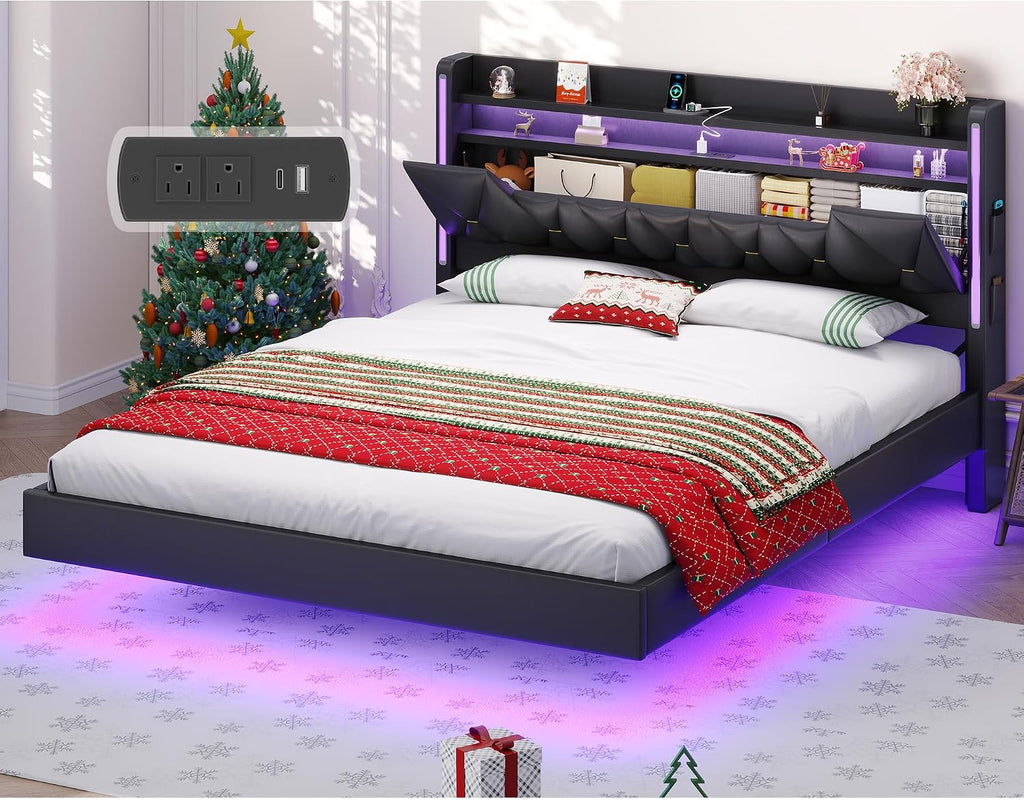 Dnxao King Size Floating Bed Frame with Storage Headboard, Tall 44' Upholstered Platform Bed with Charging Station, Dual-Zone LED Lights, No Box Spring Needed, PU Black