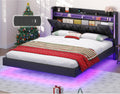 Dnxao King Size Floating Bed Frame with Storage Headboard, Tall 44' Upholstered Platform Bed with Charging Station, Dual-Zone LED Lights, No Box Spring Needed, PU Black