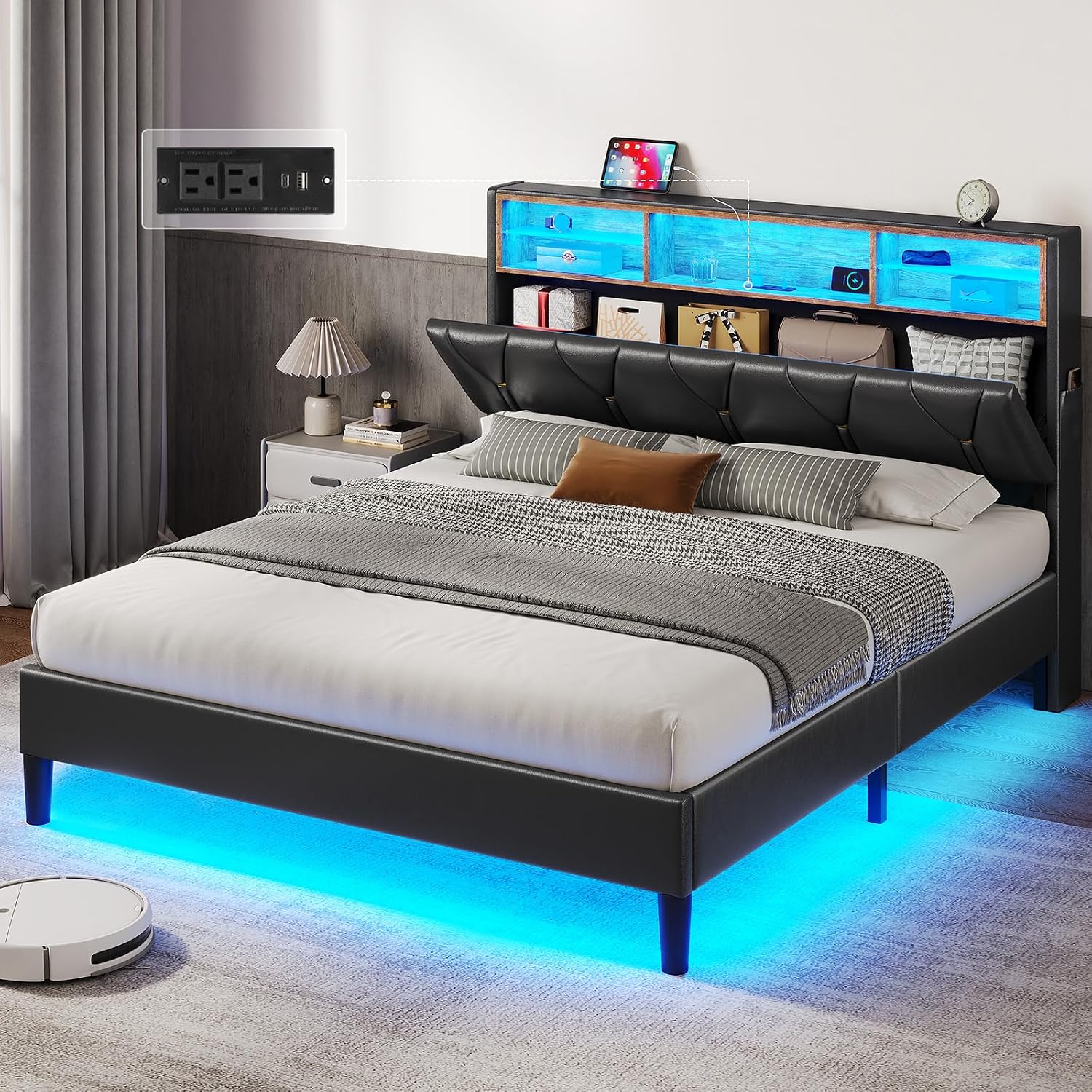 HAUOMS LED Full Bed Frame with Type-C & USB Charging Station, Full Size Bed Frame with Storage Headboard, Modern Pu Leather Platform Bed with Shelf Headboard, Easy Assembly, Noise-Free, Black