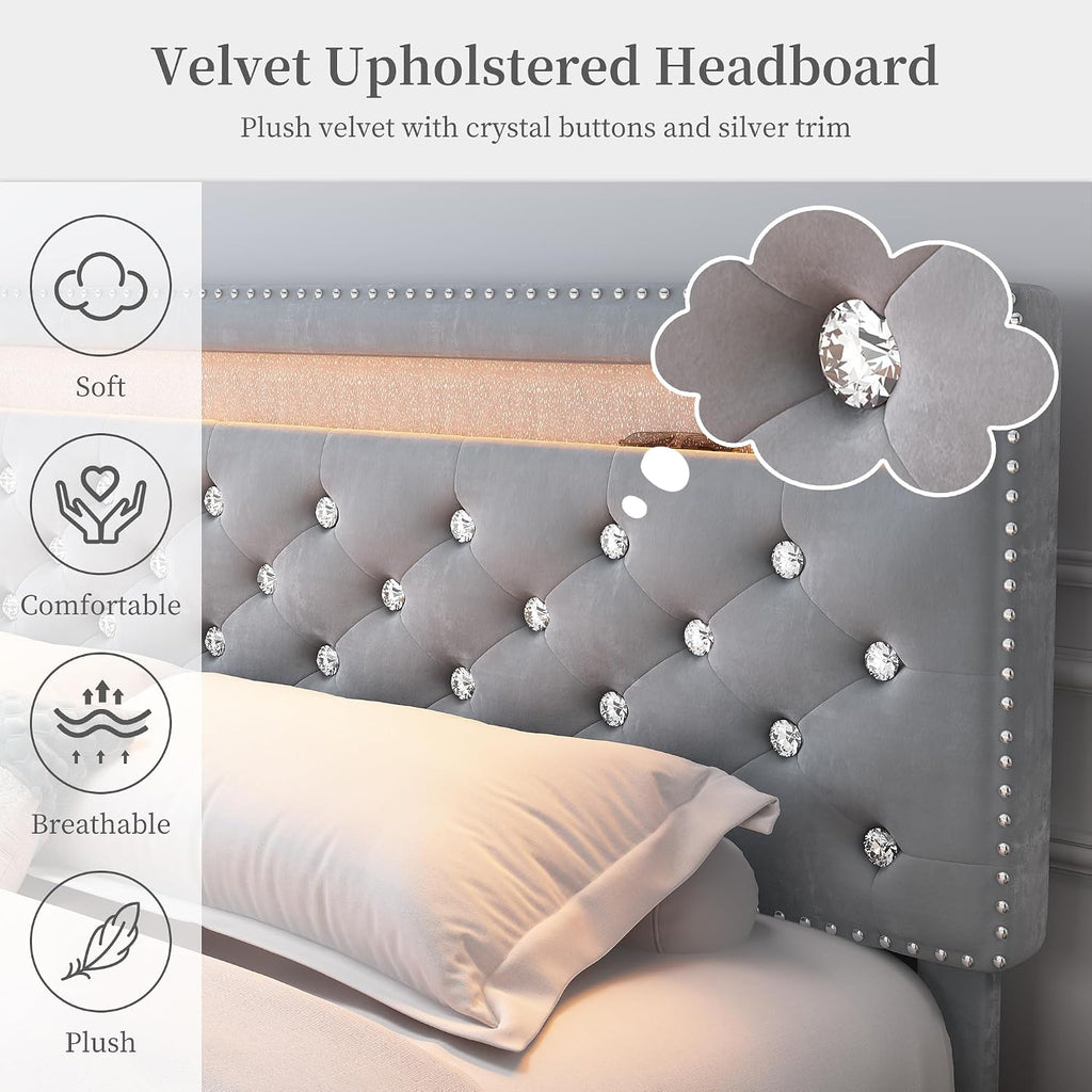 SIBEDS Full Led Bed Frame with 2 Drawers, Platform Bed Frame Full Size with Storage and Adjustable Upholstered Button Tufted Headboard, Noise-Free, Solid & Stable, No Box Spring Needed, Velvet Grey