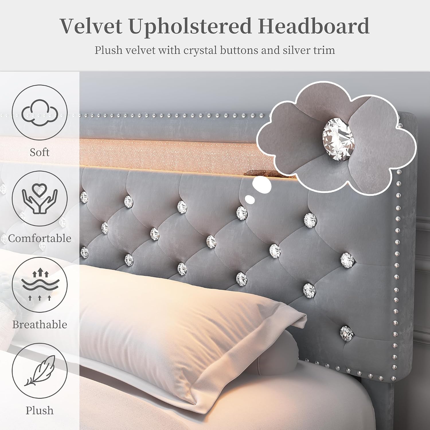 SIBEDS Full Led Bed Frame with 2 Drawers, Platform Bed Frame Full Size with Storage and Adjustable Upholstered Button Tufted Headboard, Noise-Free, Solid & Stable, No Box Spring Needed, Velvet Grey