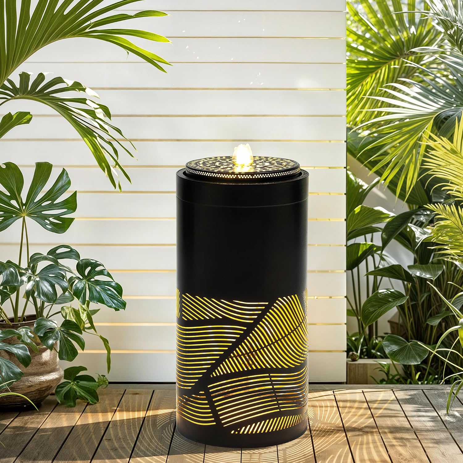 23.6'H Modern Metal Outdoor Water Fountain with LED Lights, Matte Black Geometric Cutout Bird Bath Garden Fountain, Soothing Waterfall Feature for Patio, Yard, Porch, 23.6'H-Sleek Matte Black