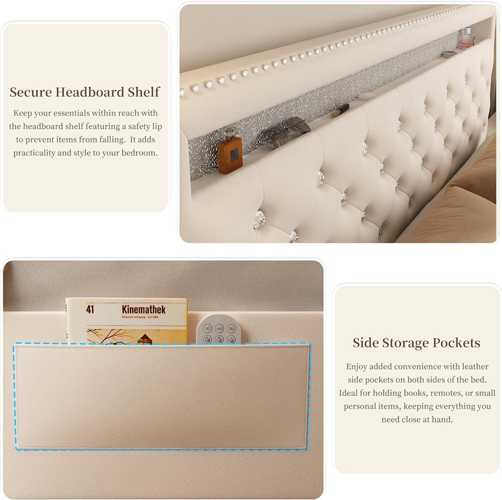 Queen Led Bed Frame with 2 Drawers, Modern Sturdy Adjustable Upholstered Crystal Button Tufted Headboard Platform Bedframe with Storage, No Box Spring Needed, Noise-Free, Easy Assembly, Velvet Cream