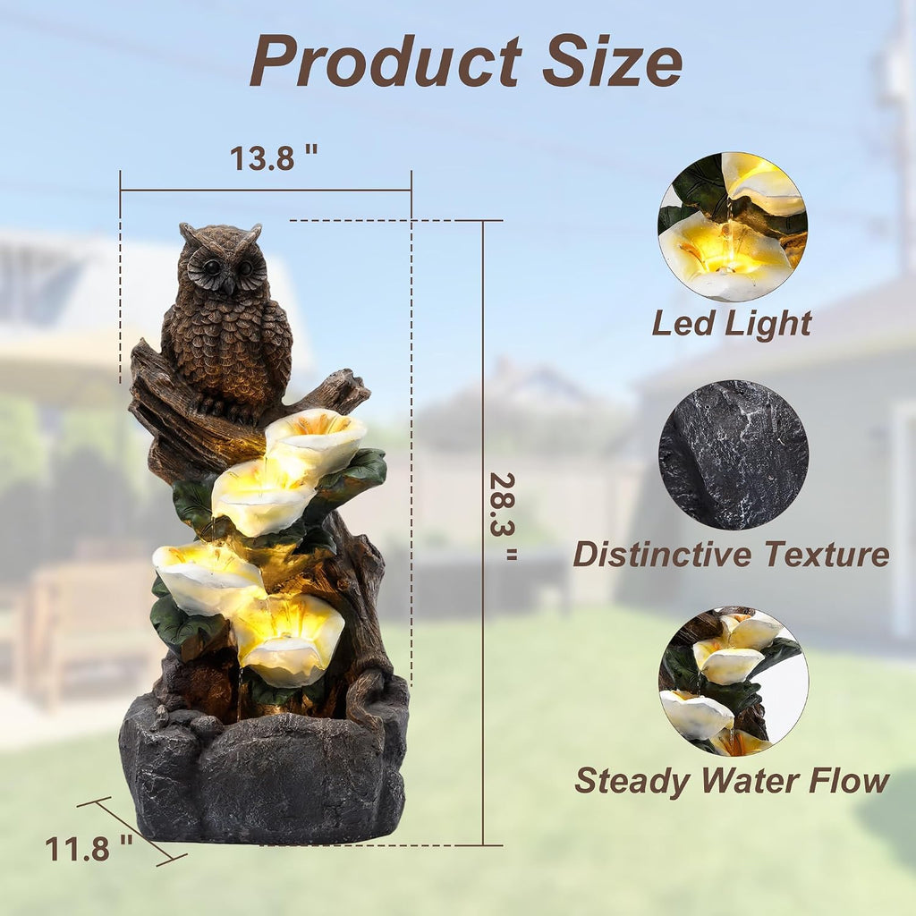 28' Outdoor Water Fountain with Led Lights, 4-Tiered Owl & Calla Lil Water Fountain, Outdoor Garden Waterfall Decor for Garden, Patio, Courtyard