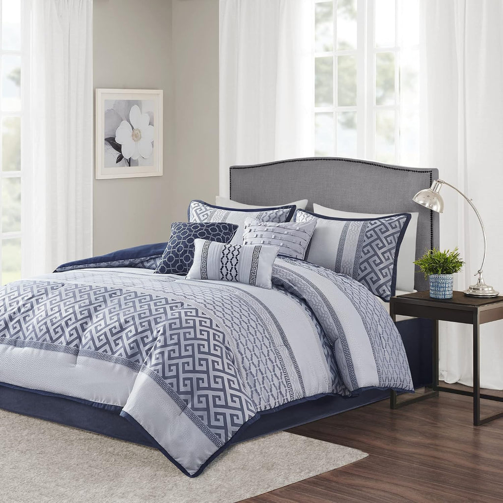 Madison Park Luxury Comforter Set-Traditional Jacquard Design All Season Down Alternative Bedding, Matching Bedskirt, Decorative Pillows, Queen (90'x90'), Bennett, Geometric Navy 7 Piece