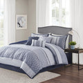 Madison Park Luxury Comforter Set-Traditional Jacquard Design All Season Down Alternative Bedding, Matching Bedskirt, Decorative Pillows, Queen (90'x90'), Bennett, Geometric Navy 7 Piece