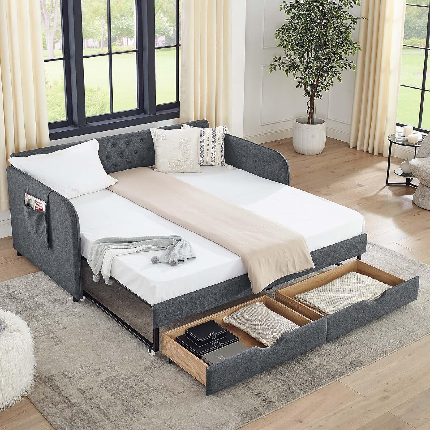Antetek 80.5' Daybed with Drawer, Modern Button Tufted Linen Day Bed with Trundle Bed Twin to King, Upholstered Daybed Frame w/Storage Pocket for Bedroom, Living Room, No Box Spring Needed, Dark Grey