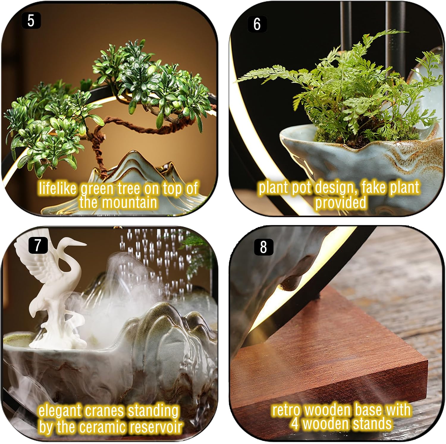 Crane Tabletop Fountain Indoor Waterfall Fountain Office Tabletop Water Fountain with Lights Backflow Incense Burner Ceramic Indoor Zen Decor for Home Office Yoga Meditation(Crane)