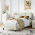 IOILORI Twin Size Bed Frame Platform with Velvet Upholstered Headboard, Sturdy Wooden Slats, No Spring Box, No Noise, Easy to Assemble, Bedframe with Strong Wooden Slats, Beige