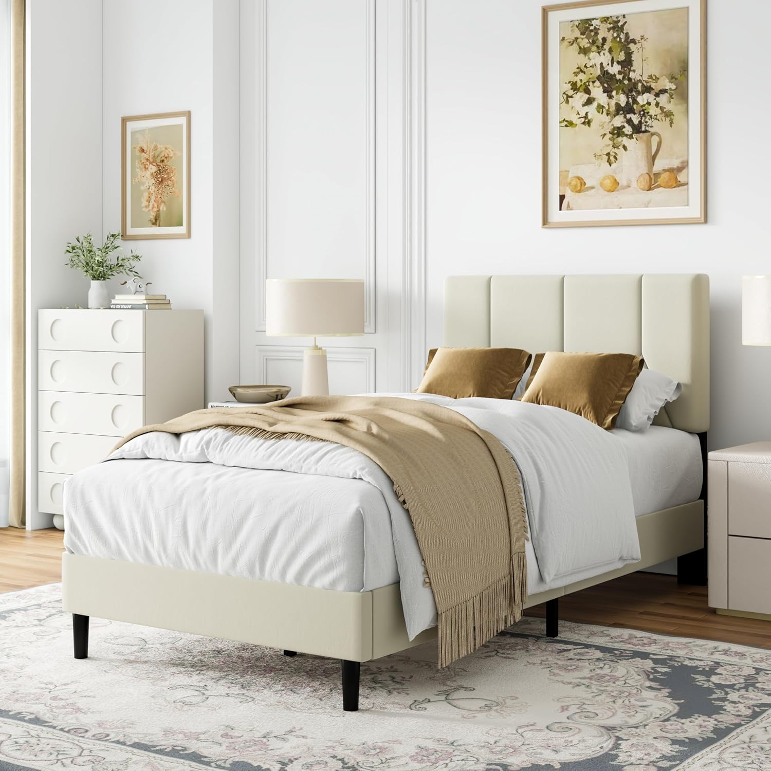 IOILORI Twin Size Bed Frame Platform with Velvet Upholstered Headboard, Sturdy Wooden Slats, No Spring Box, No Noise, Easy to Assemble, Bedframe with Strong Wooden Slats, Beige