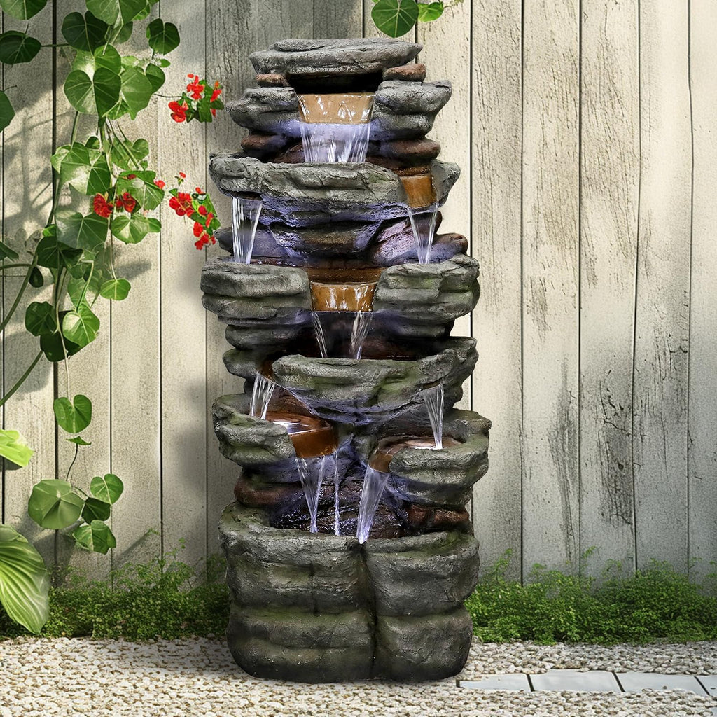 SunJet 47.2' High 6-Tiers Cascading Rock Outdoor Water Fountain with LED Lights - Large Outdoor Fountains and Waterfalls for Garden or Patio, Yard, and Deck Decor, Featuring Natural Stone Look