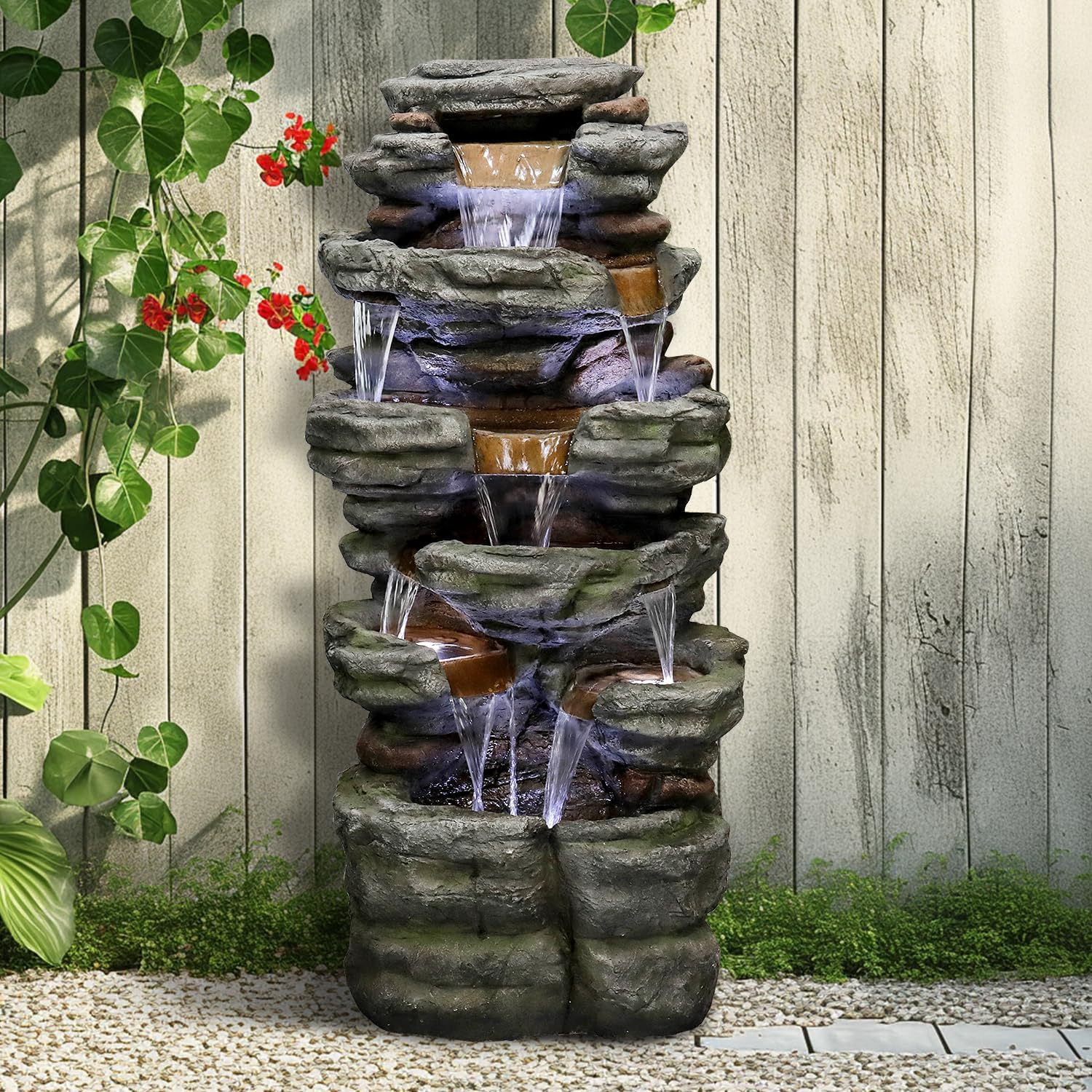 SunJet 47.2' High 6-Tiers Cascading Rock Outdoor Water Fountain with LED Lights - Large Outdoor Fountains and Waterfalls for Garden or Patio, Yard, and Deck Decor, Featuring Natural Stone Look