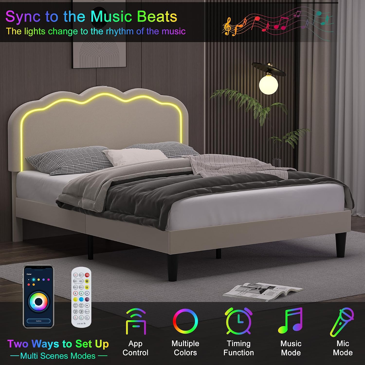 VECELO Upholstered Full Bed Frame with Headboard Adjustable, LED Lights, USB-A & Type-C, Velvet Platform Bed Noise Free, Mattress Foundation with Wooden Slats, No Box Spring Needed, Beige