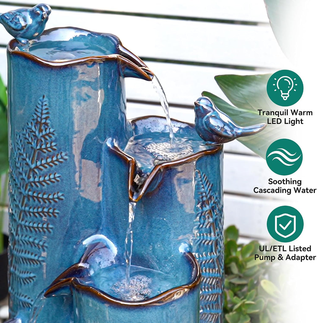 32' H Ceramic Outdoor Water Fountain, 4-Tier Tropical Cascading Waterfall with LED, Turquoise Glaze & Embossed Fern Pattern, Bird-Attracting Water Feature for Garden Patio Yard & Porch Decor