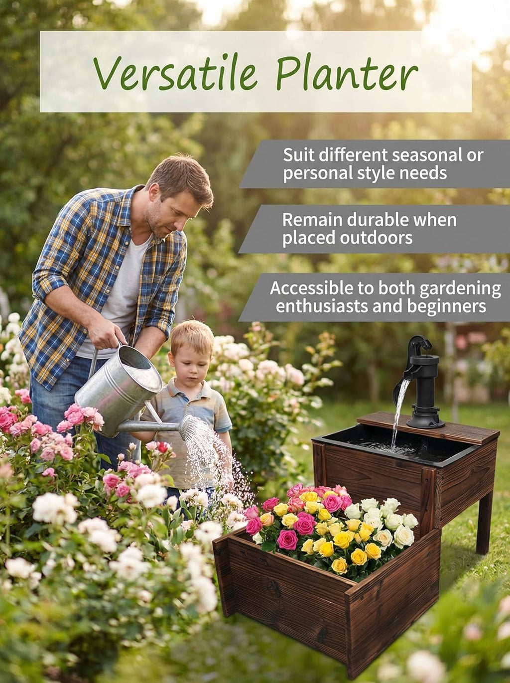 Outdoor Water Fountain, Floor Wooden Rectangular Double-Layer Old-Fashioned Hand Pump Fountain with Flower Box, Solar-Powered Electric Decorative Water Feature for Garden Patio Backyard