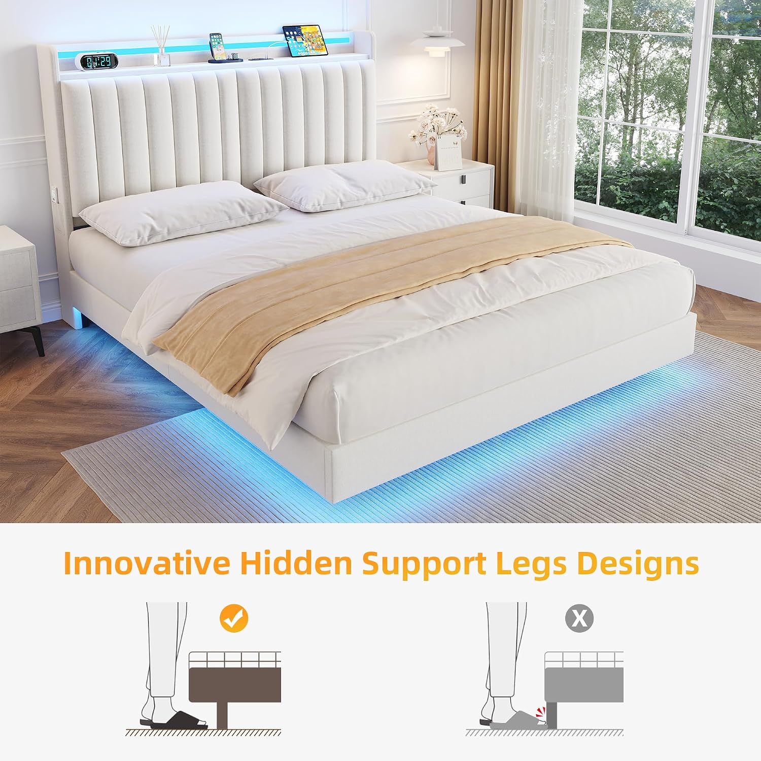 Jocoevol Full Size Floating Bed Frame with Ergonomic Hidden Storage Headboard and LED Lights, Visual Floating LED Bed Frame with Charing Station, Velvet Upholstered Platform Bed, Heavy Duty, White