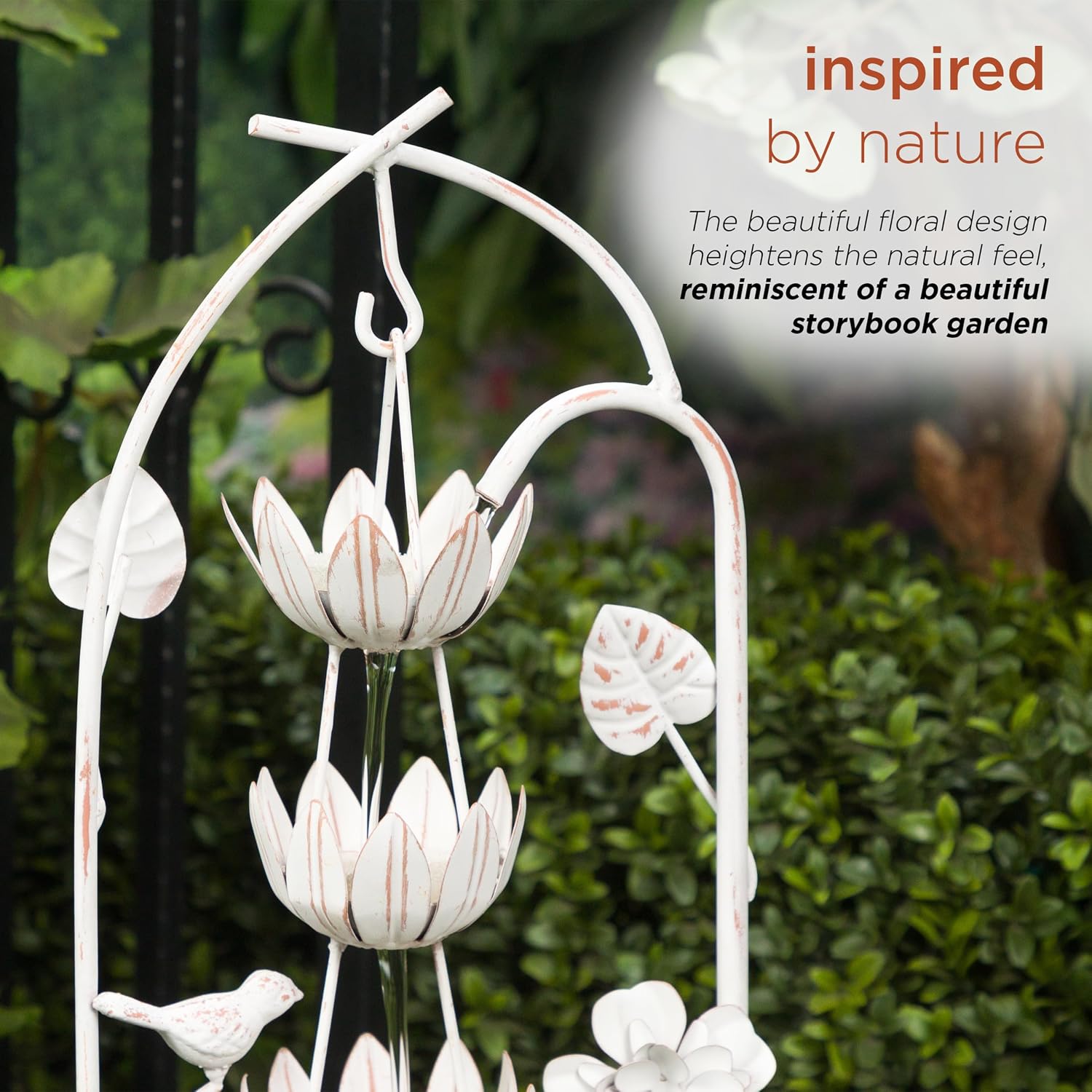 Alpine Corporation 30' Tall Metal Rustic Water Fountain with Decorative Flower, Cascading Waterfall Feature for Gardens, Patios, and Outdoor Decor, White