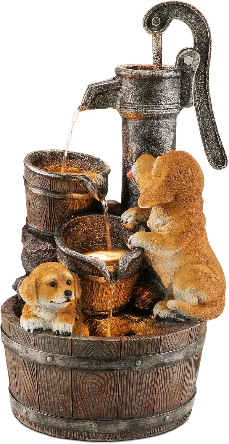 Glitzhome Water Fountain Outdoor, Outdoor Fountain with Lights & Pump, 23.75' H Cute Dog Playing Around The Water Polyresin Cascading Waterfall Floor Standing Water Feature for Garden, Patio