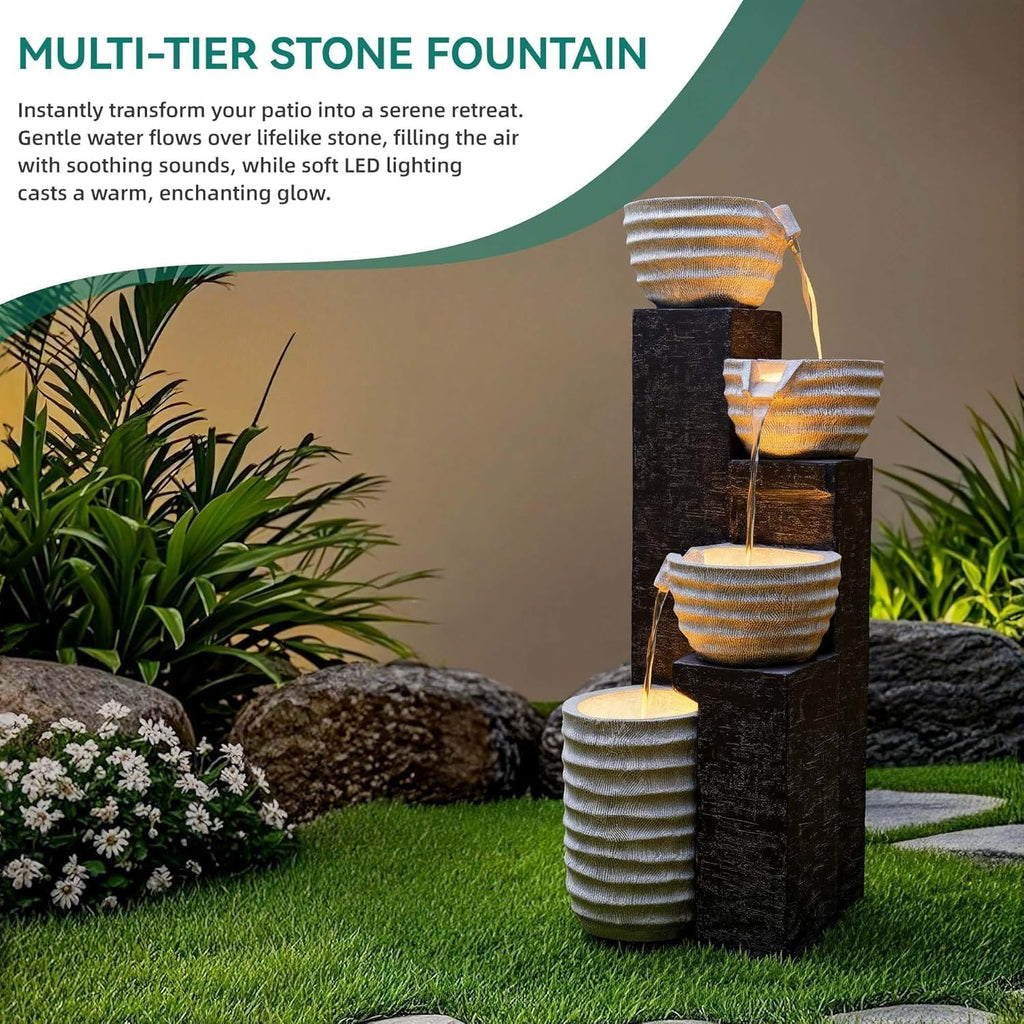 40' H Multilayer Cascading Outdoor Water Fountain with LED Lights & Pump, Sand-Textured Polyresin Freestanding Garden Fountain for Tranquil Garden, Patio or Porch