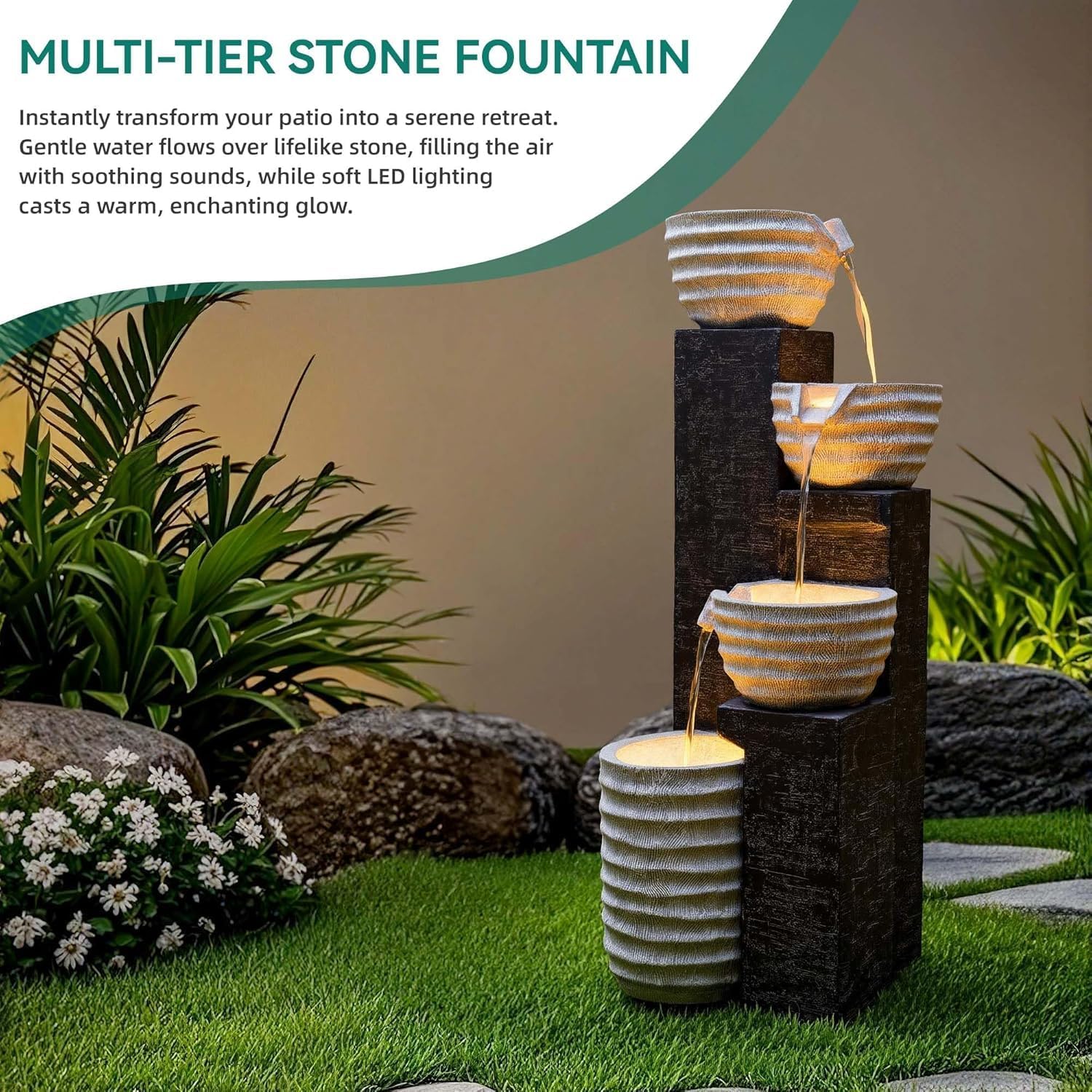 40' H Multilayer Cascading Outdoor Water Fountain with LED Lights & Pump, Sand-Textured Polyresin Freestanding Garden Fountain for Tranquil Garden, Patio or Porch