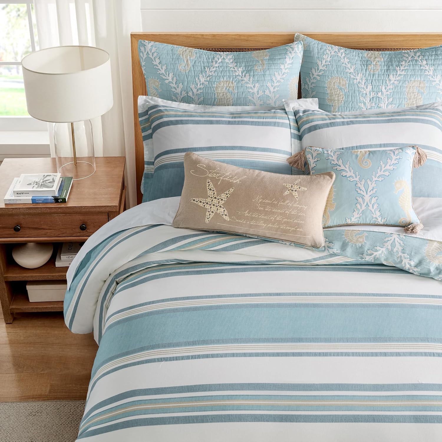Levtex Home - Kailua Duvet Set - Full/Queen Duvet Cover (90x94in.) + Two Standard Pillow Cases (20x26in.) - Stripe - Blue Teal Taupe Cream - Cotton