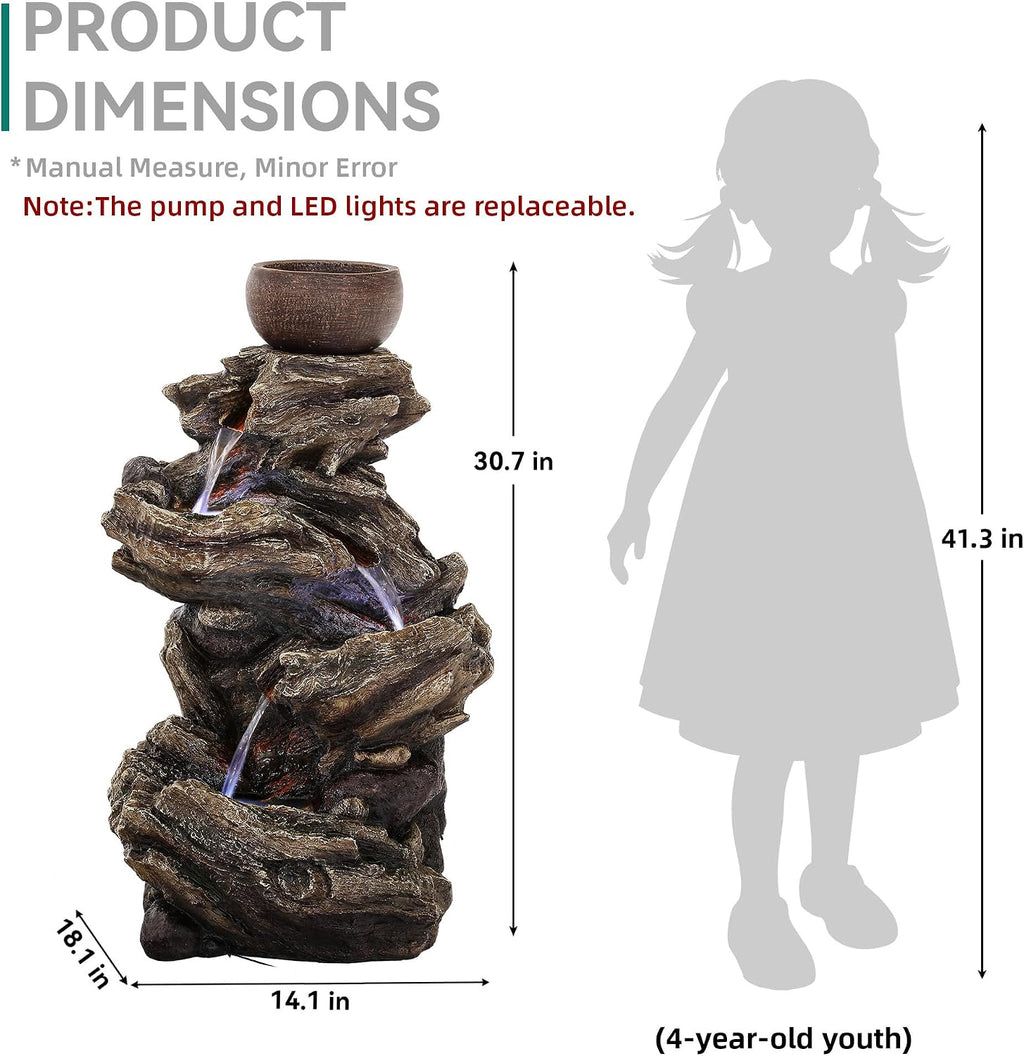 33' Rustic Tree Trunk Outdoor Water Fountain with Planters, Handcrafted 5-Tier Cascading Water Feature with Moss & LED Lights, Relaxing Tranquil Decor for Garden Yard Patio Porch