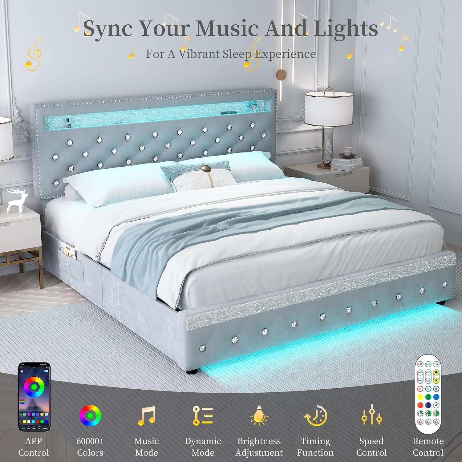 SIBEDS Full Led Bed Frame with 2 Drawers, Platform Bed Frame Full Size with Storage and Adjustable Upholstered Button Tufted Headboard, Noise-Free, Solid & Stable, No Box Spring Needed, Velvet Grey