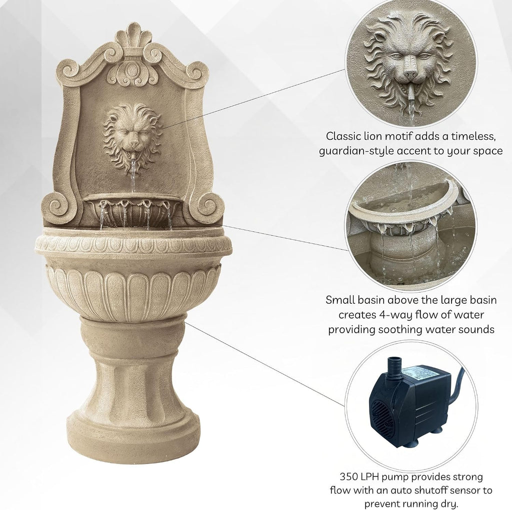 Xbrand 52.4' Sandstone Lion Head Floor Fountain, Two-Tier Outdoor Water Feature, Durable Resin Construction