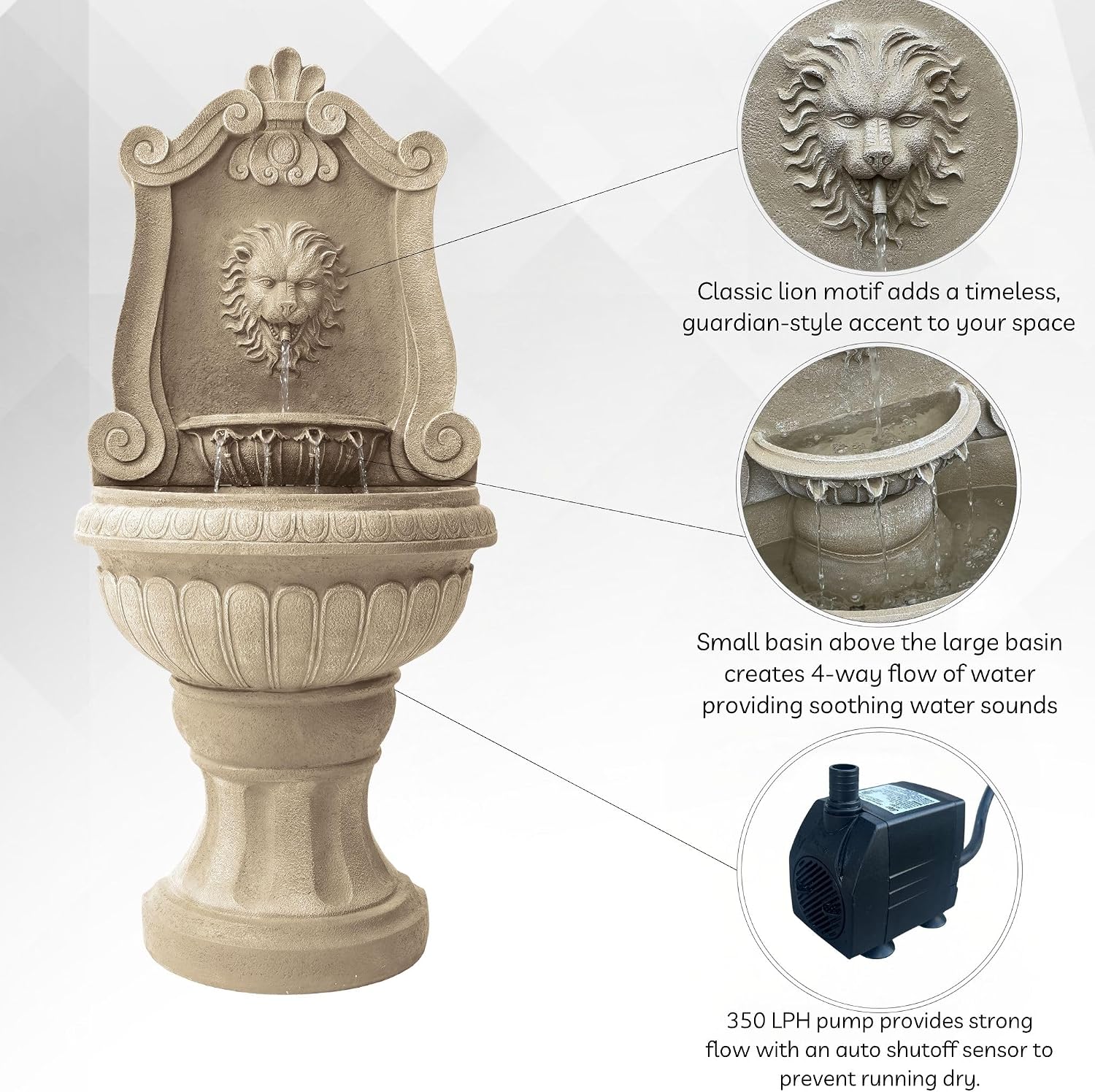 Xbrand 52.4' Sandstone Lion Head Floor Fountain, Two-Tier Outdoor Water Feature, Durable Resin Construction