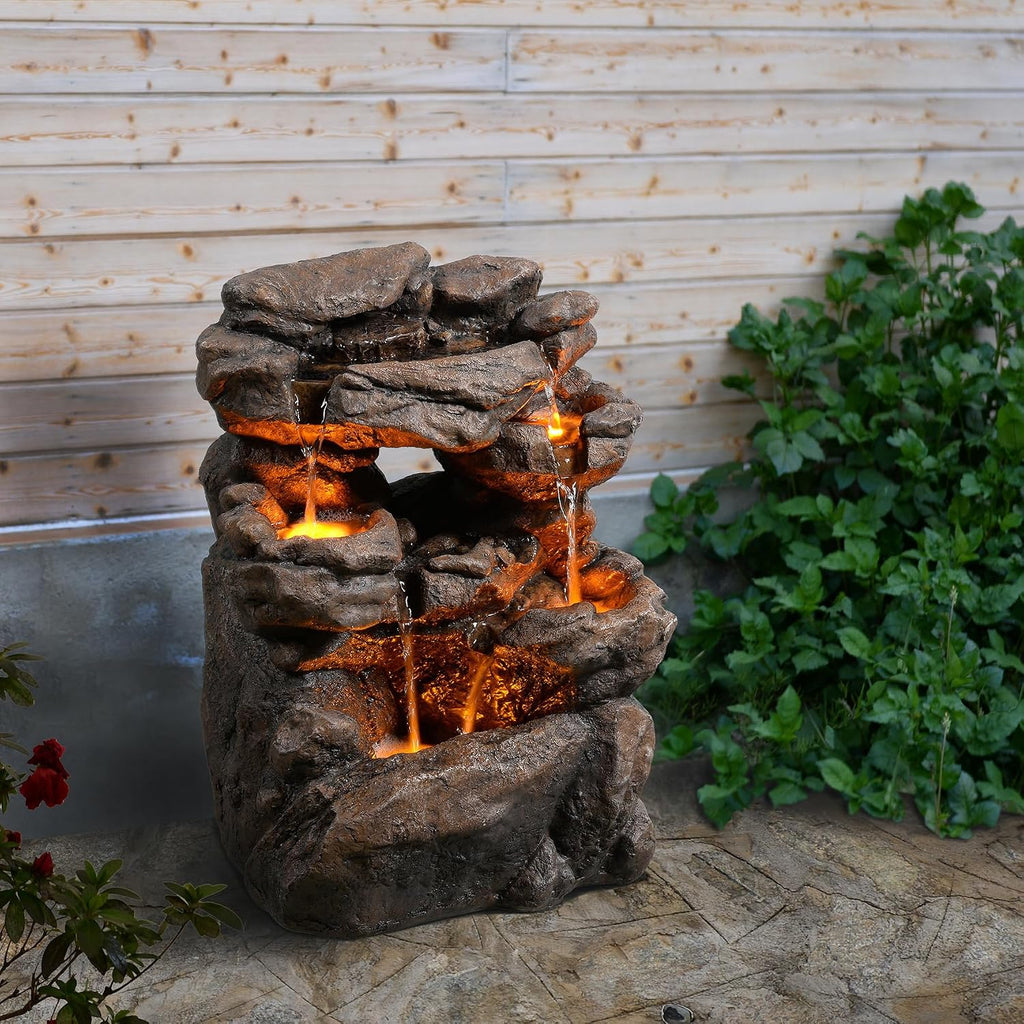 Outdoor Waterfall Fountain 20.5' Tiered with LED Lights, Natural Rock Design, Weatherproof Resin – Waterfall Fountain for Garden, Patio, Yard 24393