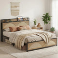 LIKIMIO Rattan Queen Bed Frame with Headboard, LED Lights & Charging Station, Modern Rattan Bedframe, Platform Bed Frame Queen Size, Strong Metal Slat, Noise Free, No Box Spring Needed, Easy Assembly