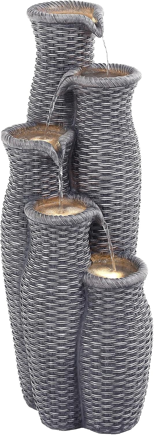 Outdoor Water Fountain with Lights, 5-Tier Faux Rattan Vase Waterfall, Textured Gray Polyresin Cascading Waterfall Feature with Soothing White Noise for Garden, Patio, Yard, or Porch