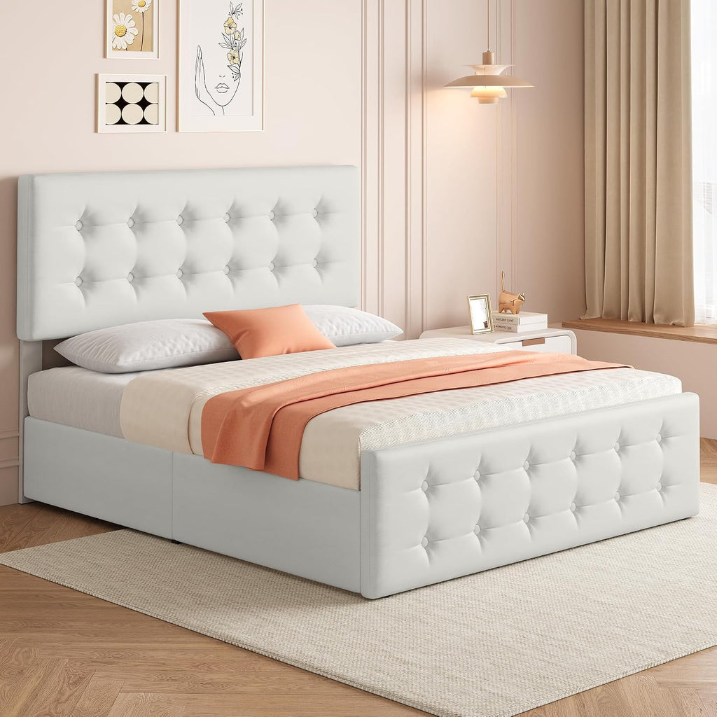IDEALHOUSE Queen Size Bed Frame with 4 Storage Drawers and Headboard, Faux Leather Upholstered Platform Bed Frame with Wooden Slats Support, Button Tufted Design, No Box Spring Needed, Beige