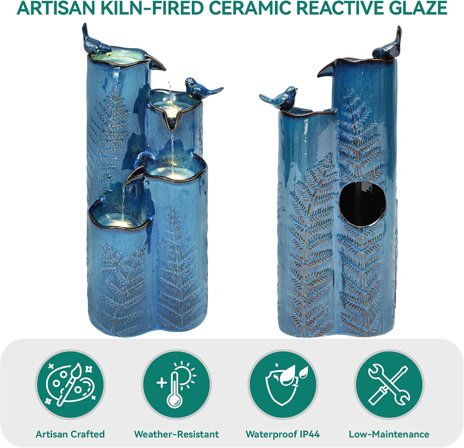 32' H Ceramic Outdoor Water Fountain, 4-Tier Tropical Cascading Waterfall with LED, Turquoise Glaze & Embossed Fern Pattern, Bird-Attracting Water Feature for Garden Patio Yard & Porch Decor