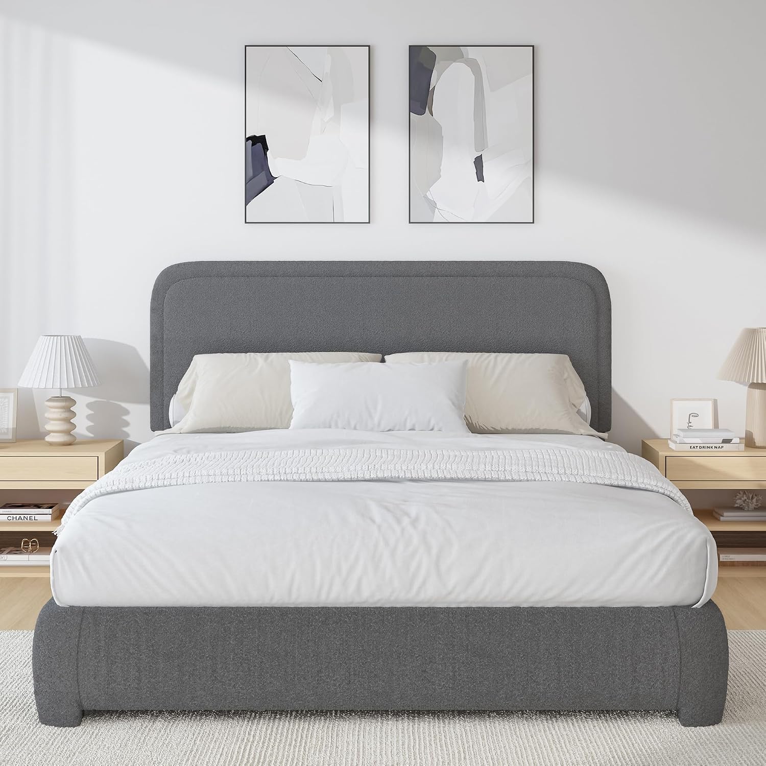 BarnFurin Queen Size Bed Frame, Boucle Upholstered Platform Bed Frame with Headboard, Soft Rounded Corners, No Box Spring Required, Non-Slip and Noise-Free, Easy Assembly, Dark Grey