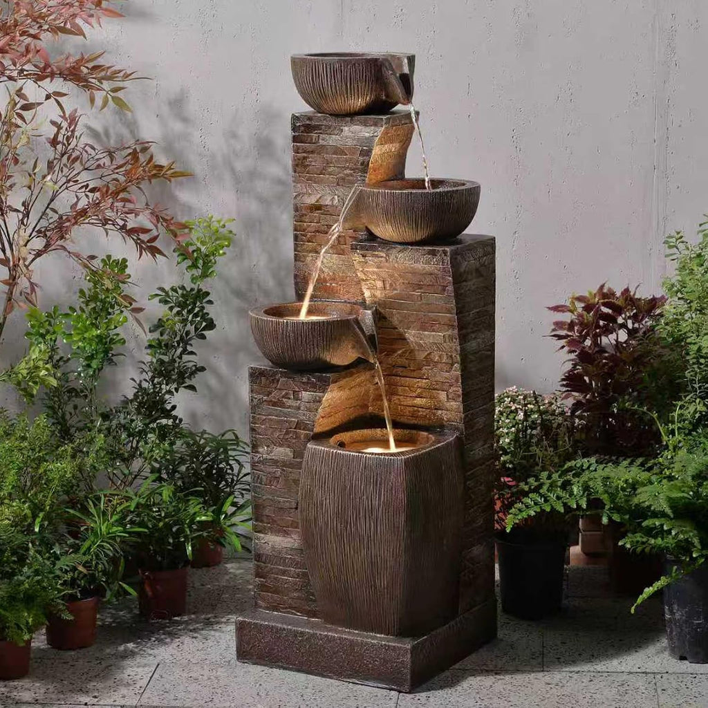 38.2' Tall Outdoor Water Fountain,Stone Texture Modern 4 Tiers Cascading Bowls Garden Fountains Outdoor,Suit for Patio, Deck, Porch, Lawns, Backyard and Home Art Decor