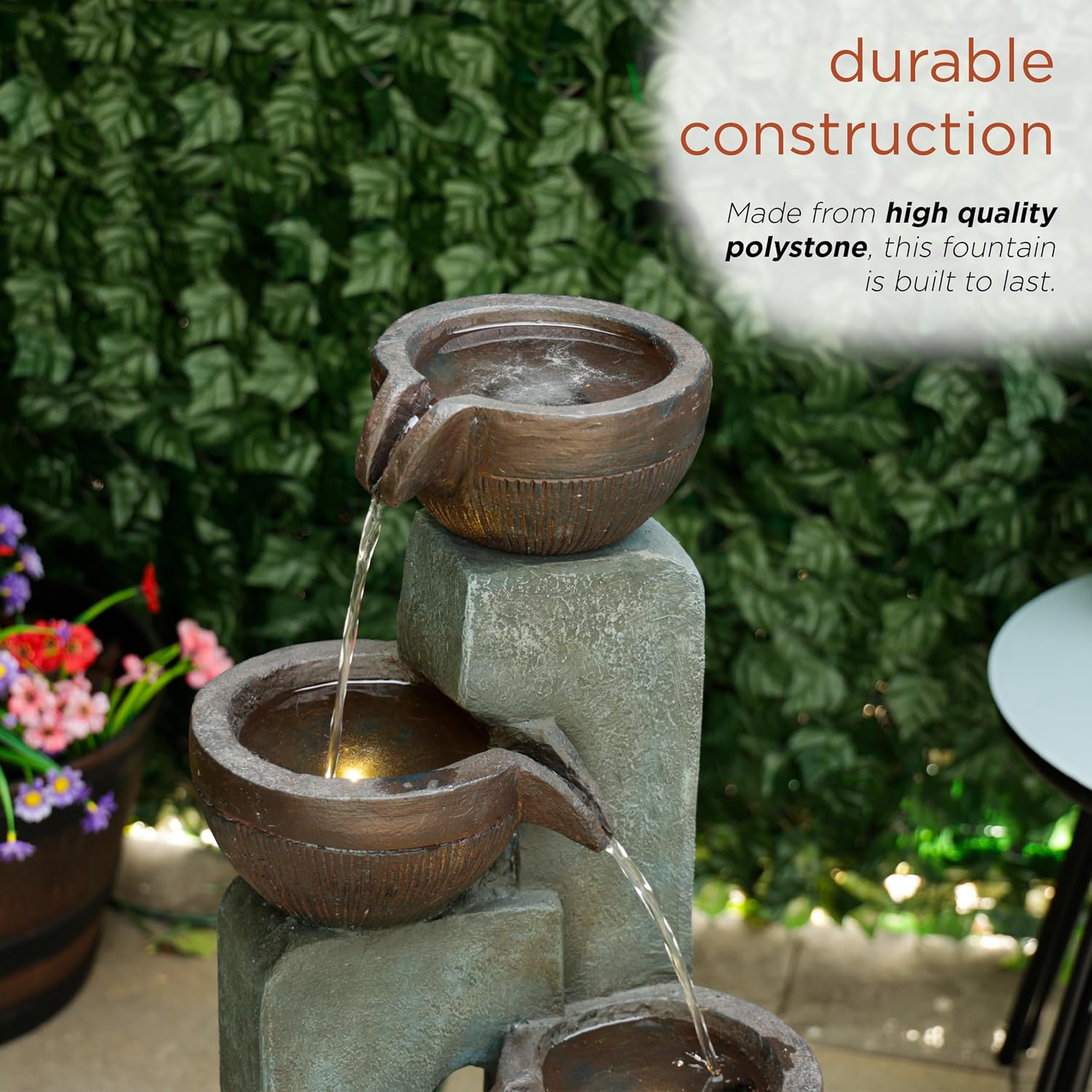 Alpine Corporation TZL396 31' 4 Tier Bowls Cascading Fountain with LED Lights, Elegant Outdoor Water Feature for Garden, Patio, Yard & Outdoor Spaces, Relaxing Waterfall Fountain, Gray