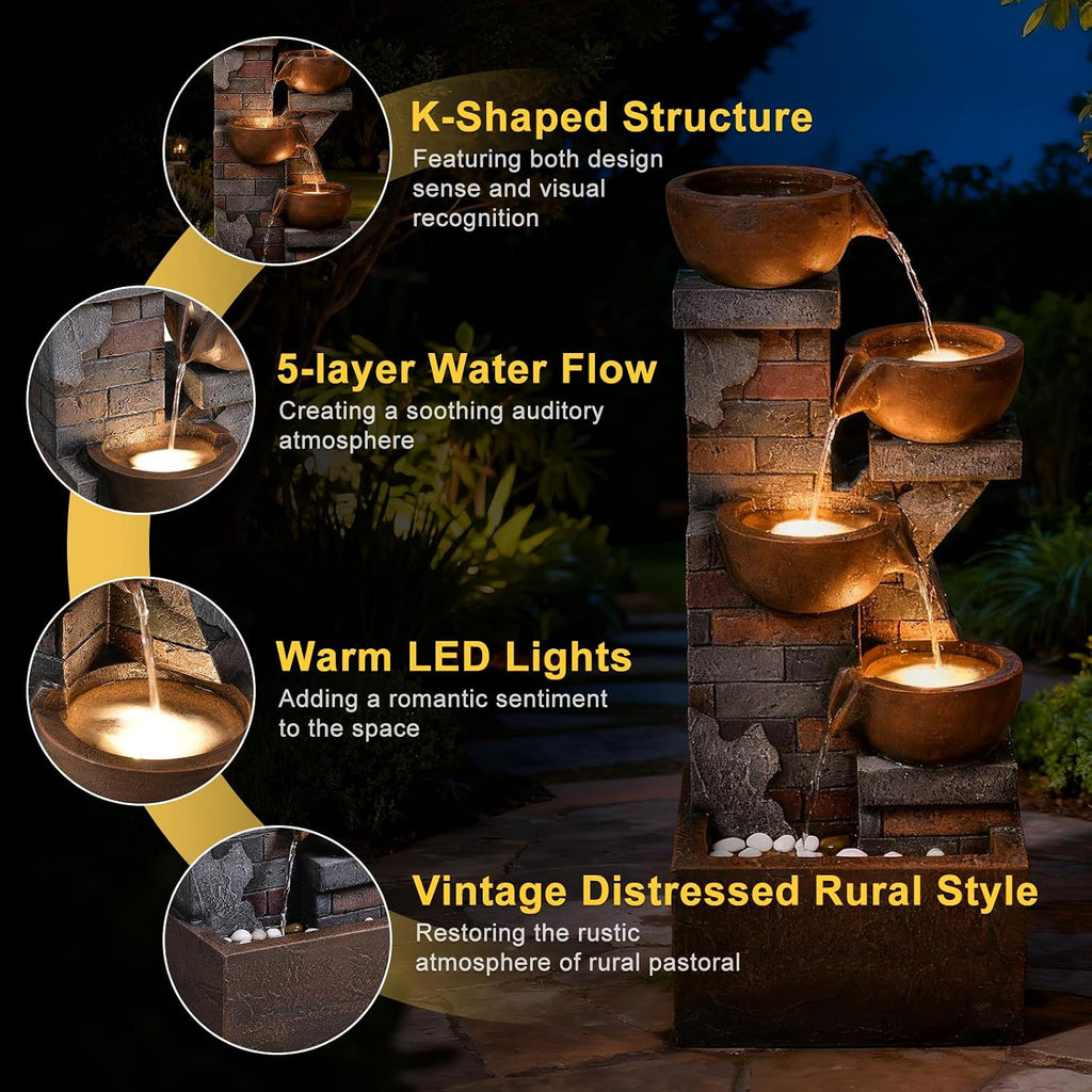 5 Tiers Water Fountain Outdoor Garden - 33.5' H Shape K Indoor Waterfall Fountain with LED Lights for Patio, Balconies, Lawns, Deck, Porch Backyard and Home Art Decor