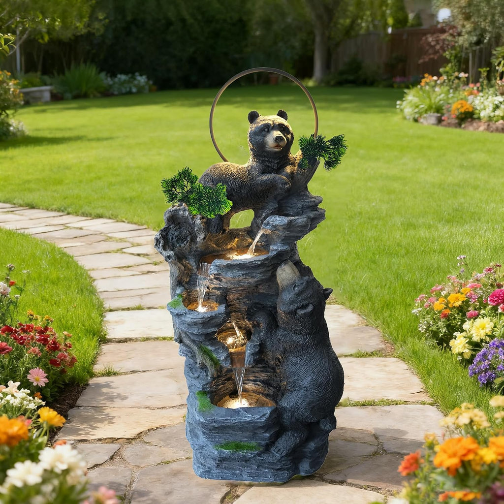 39.3' H Bear Outdoor Fountain with LED Lights and Five Tiered Waterfall Water Features,Suitable for Courtyard,Gardenand Indoor Decoration