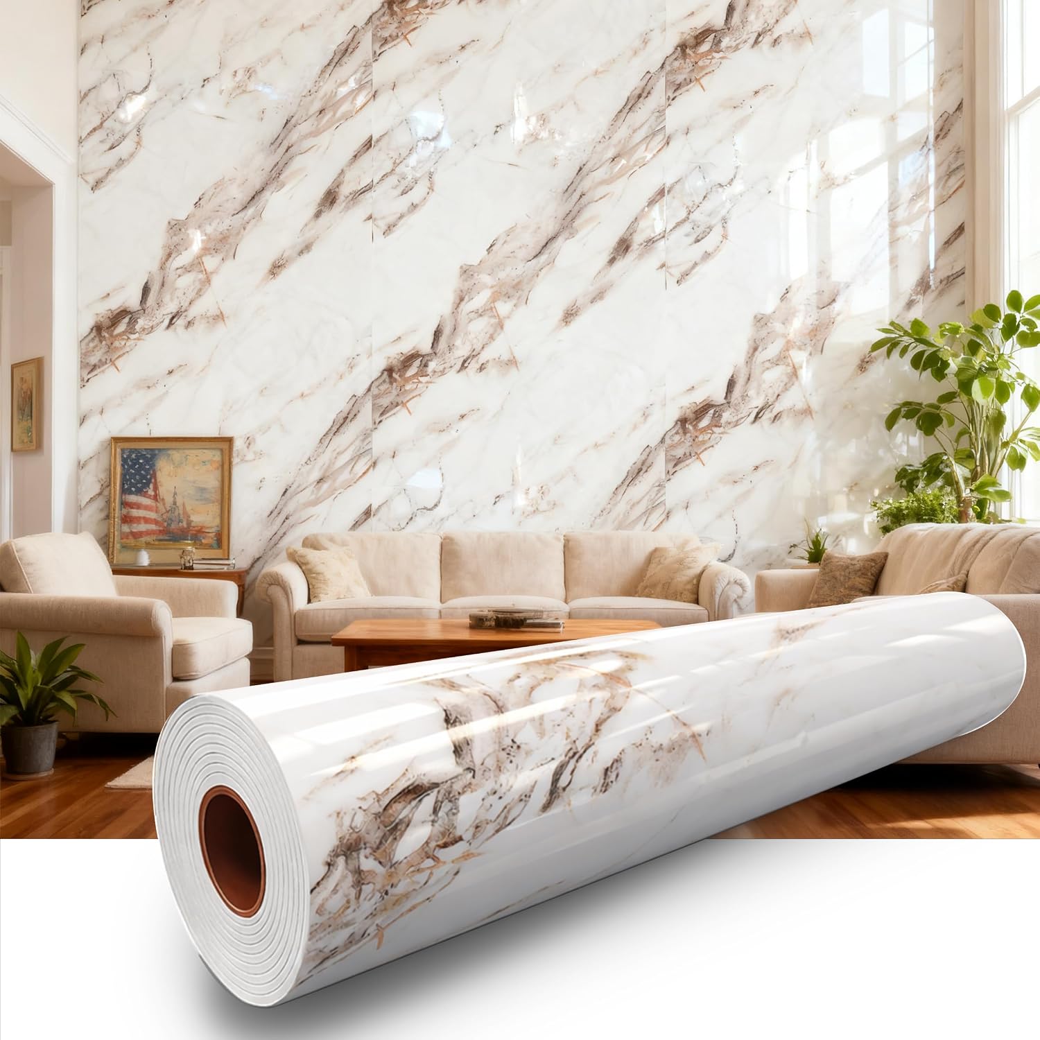 Brown Carrara Marble Peel and Stick Wallpaper, Glossy Texture Vinyl Wall Panels, Waterproof Renter Friendly, 47.2' x 394', TV Accent Wall, Bathroom, Foyer, Coffee Shop Decor