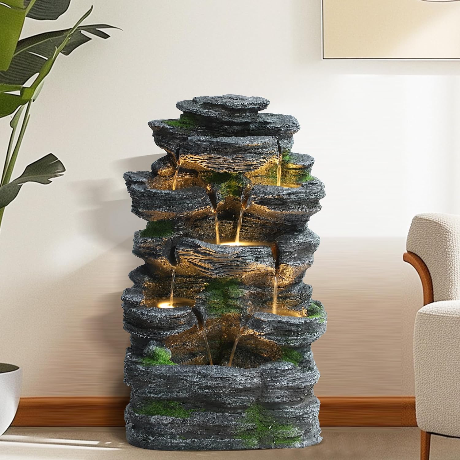 TITIMO 7-Tier Cascading Rock Water Fountain Outdoor Garden Waterfall with Lights,Fountain Indoor Decor for Garden, Patio, Backyard, Deck, Porch and Home Art Decor (24' H)