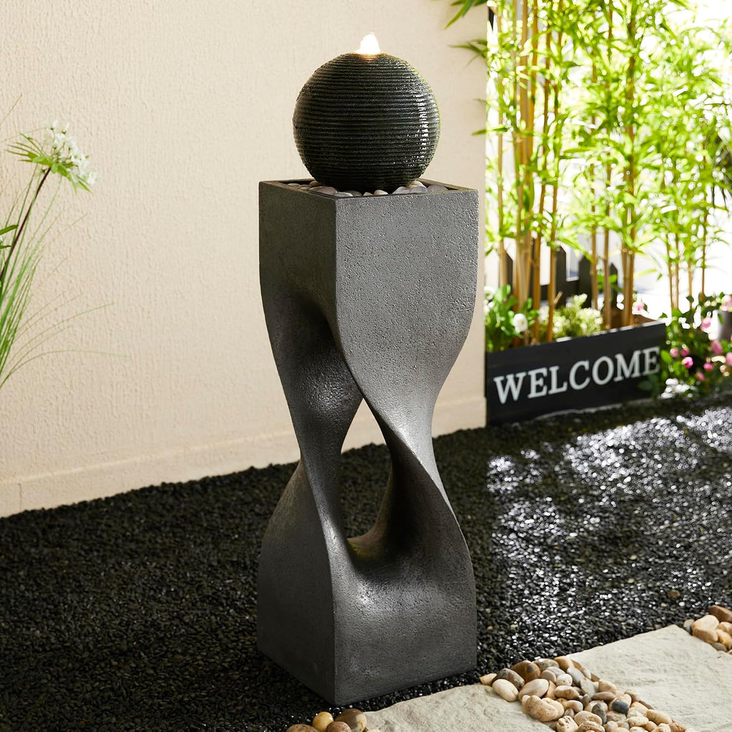 Glitzhome Modern Geometric Outdoor Water Fountain with LED Light, Oversized Pedestal Water Fountains with Submersible Pump, Sphere Floor Standing Fountain with Pebbles for Garden Patio Decor, 40.5'H
