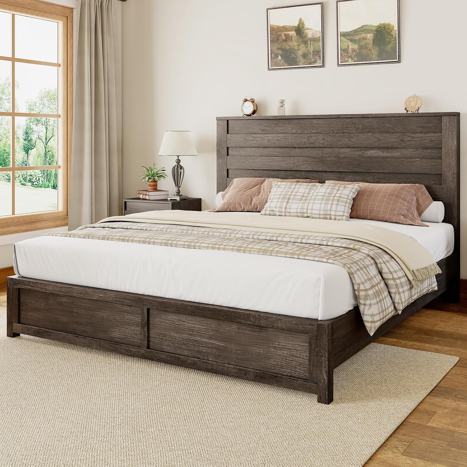 Albott Queen Size Platform Bed Frame with 49' Headboard, Farmhouse Bed Frame with Wood Slat Support/No Box Spring Needed/Easy Assembly, Rustic Grey