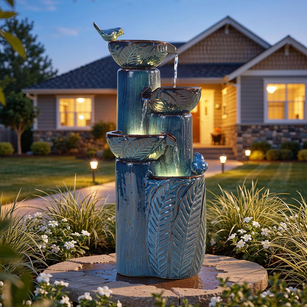 33' H Ceramic Outdoor Water Fountain with LED Lights, 4-Tier Bowl Water Feature with Birds, Teal Blue Glaze, Embossed Leaf Pattern, Cascading Waterfall for Tranquil Garden, Patio, or Porch