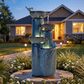 33' H Ceramic Outdoor Water Fountain with LED Lights, 4-Tier Bowl Water Feature with Birds, Teal Blue Glaze, Embossed Leaf Pattern, Cascading Waterfall for Tranquil Garden, Patio, or Porch