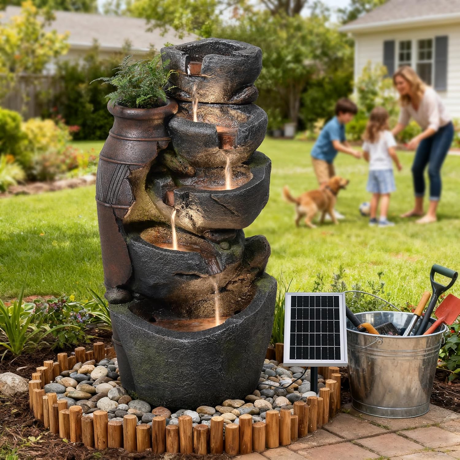 5 Tier Rock Solar Water Fountain Outdoor with Vintage Jar, Cascading Waterfall Fountain with LED Lights, Outdoor Fountains for Garden or Patio, Yard, Deck Decor, 16.5' L x 12.6' W x 31.7' H