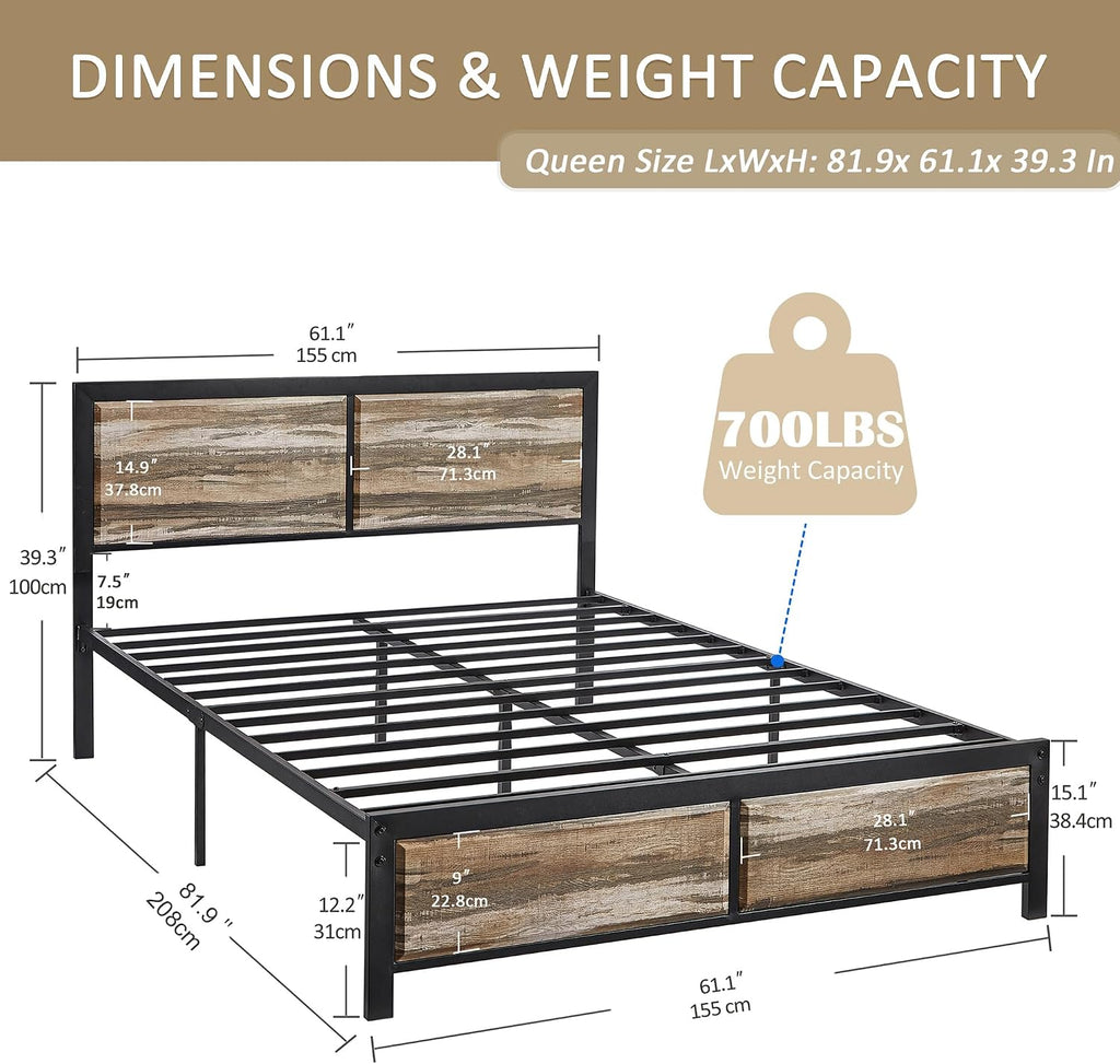 VECELO Queen Size Bed Frame with Wood Headboard and Footboard, 14 Inch Platform Mattress Foundation, No Box Spring Needed, Heavy Duty Slats Support, Easy Assembly, Rustic Oak