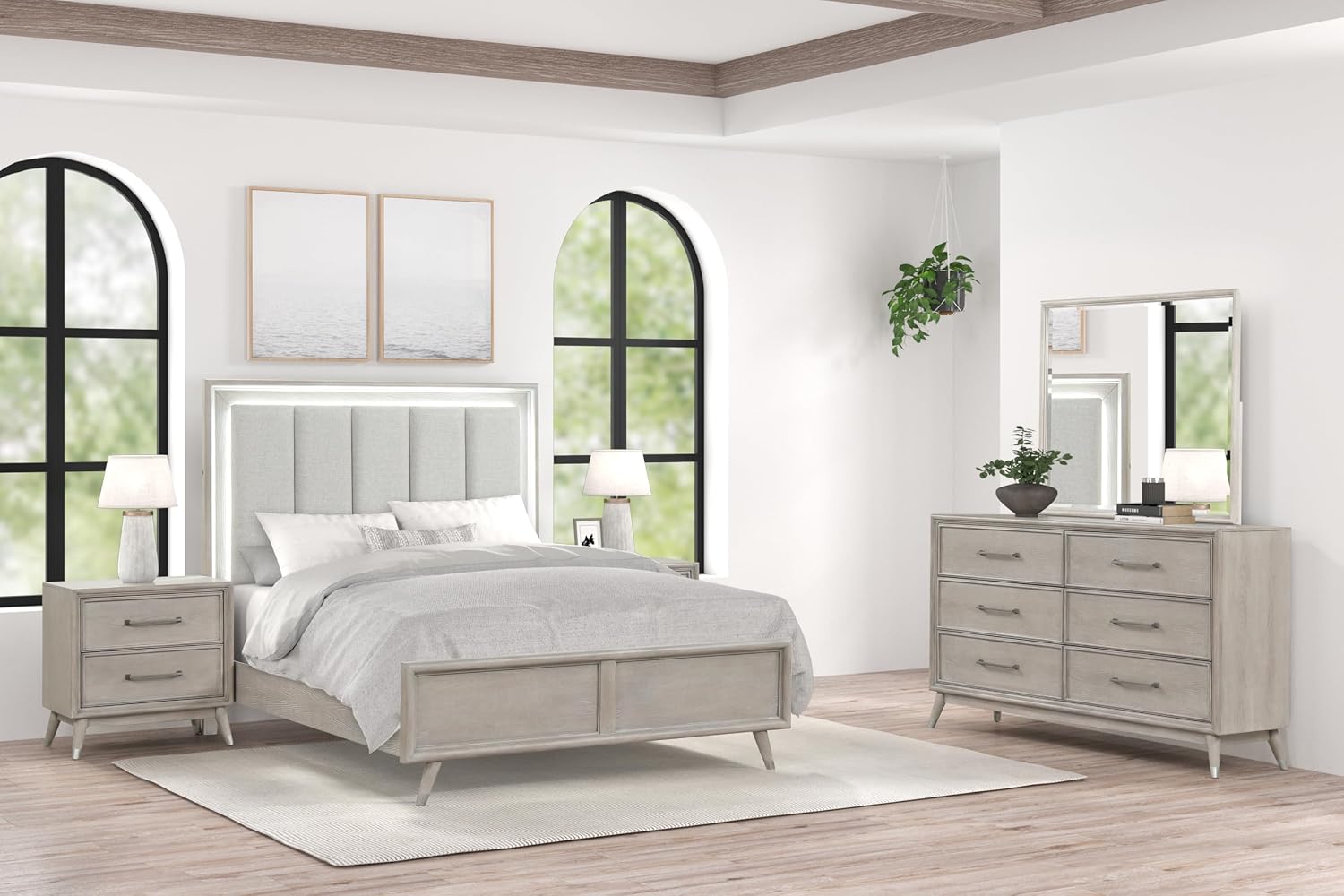 Roundhill Furniture Seluna 5-Piece Bedroom Set with Touch LED Lighting, Gray Oak Finish, Queen