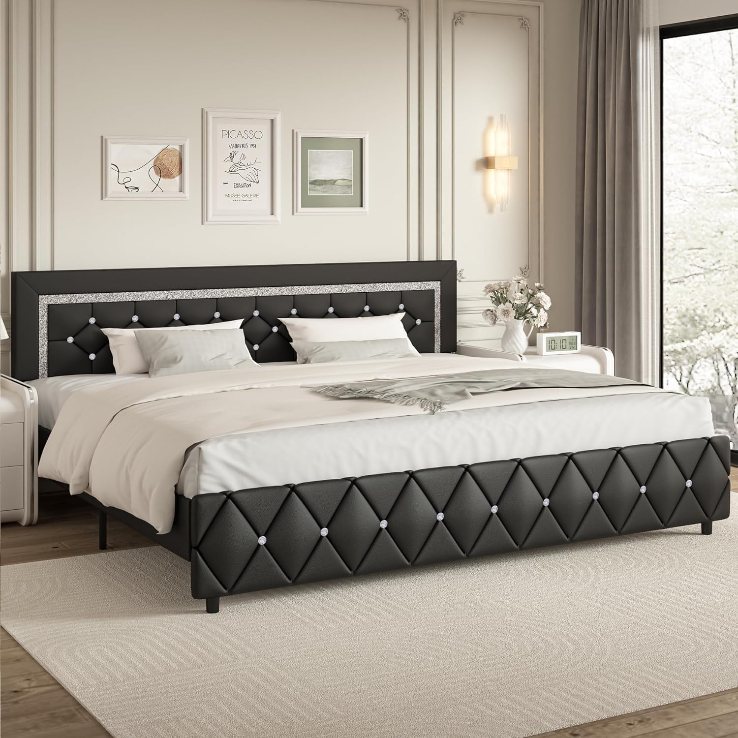 BarnFurin King Size Bed Frame and Headboard, Faux Leather Upholstered Bed with Diamond Tufted Design, Modern Platform Bed Frame with Wooden Slats Support, No Box Spring Required, Easy Assembly, Black