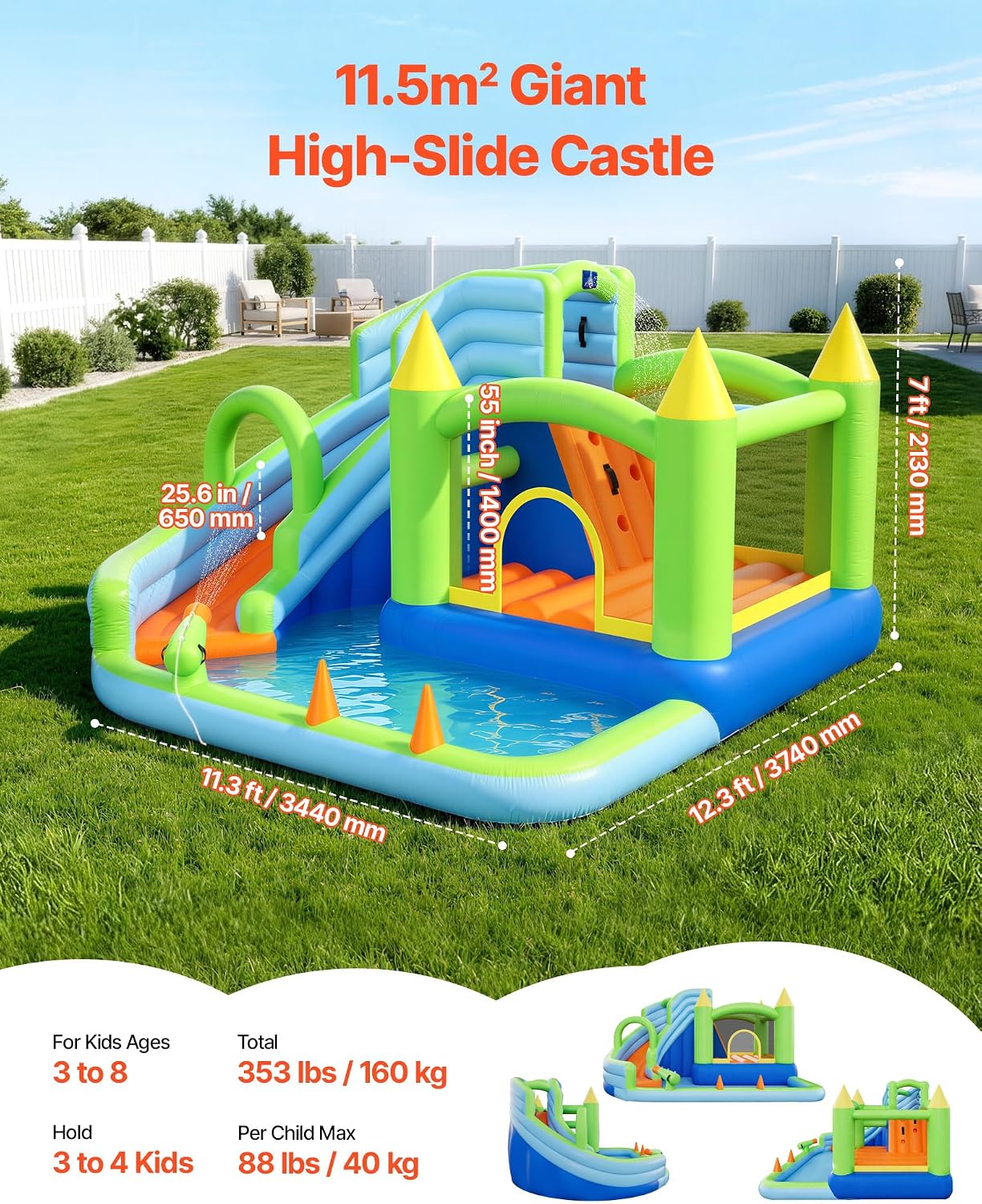 VEVOR Inflatable Water Slide Bounce House with Blower, Compact 5-in-1 Kids Bouncy Castle with Slide Splash Pool Climbing Wall Basketball Hoop & Bounce Area for Kids